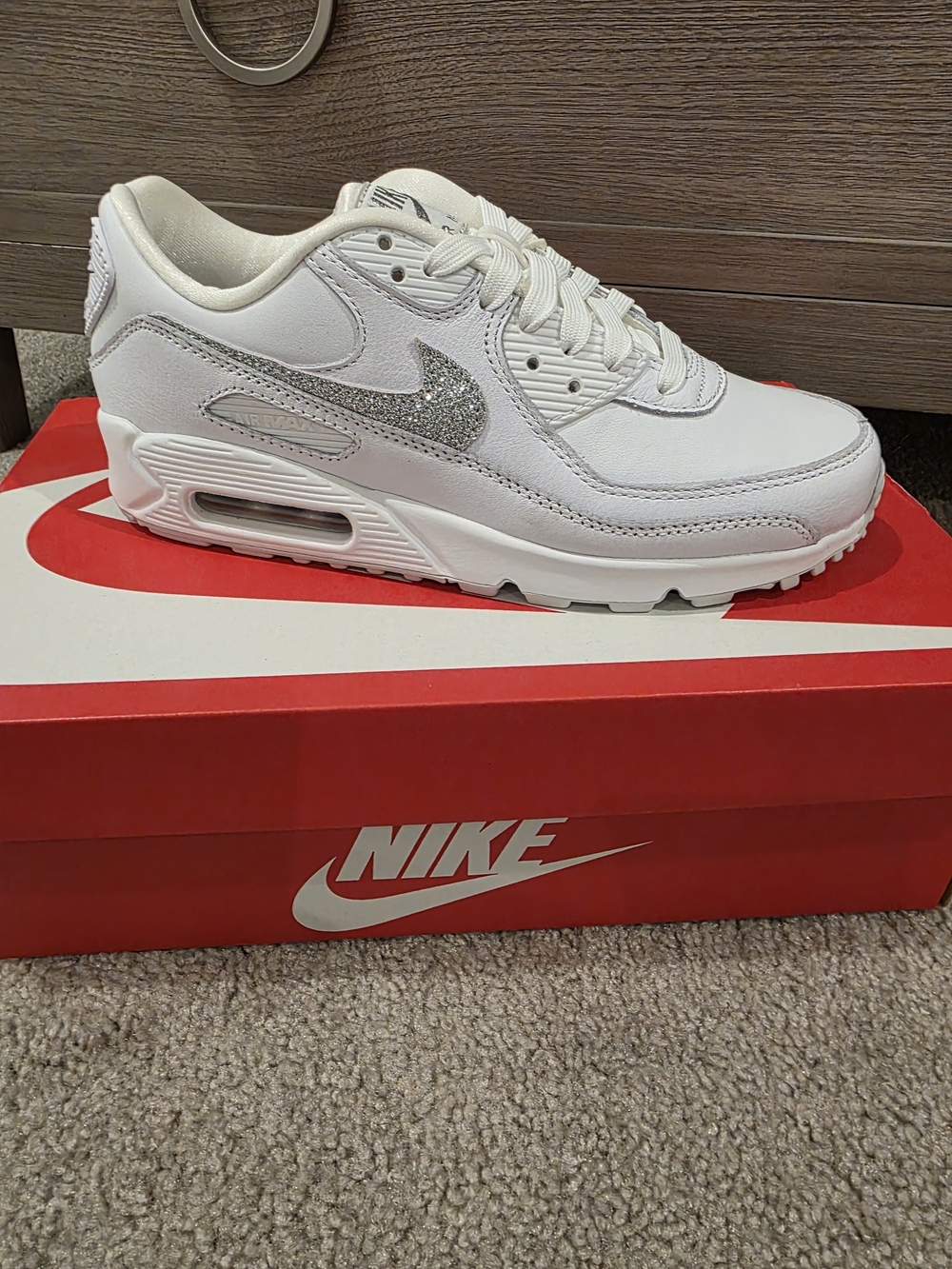 Nike Air Max 90 White Sneakers with Silver Glitter Swoosh